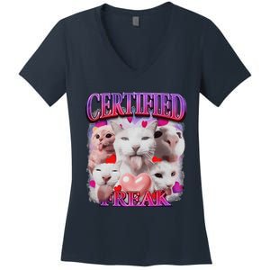 Meme Cat Certified Freak Eat Cement Cursed Cat Funny Women's V-Neck T-Shirt