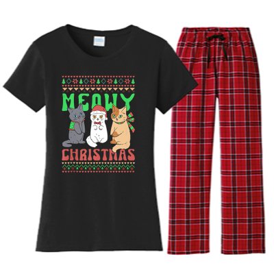 Meowy Catmas Cat Xmas Family Merry Christmas Tank Top Women's Flannel Pajama Set