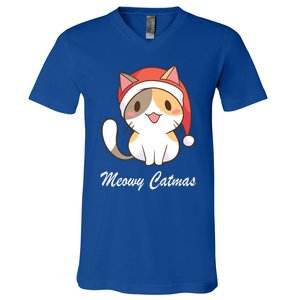 Meowy Catmas Christmas Hat Cute Cat Christmas Cool Gift V-Neck T-Shirt