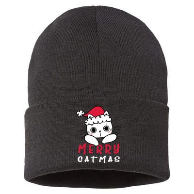 Merry Catrmas Cute Christmas Santa Kitty Xmas Sustainable Knit Beanie
