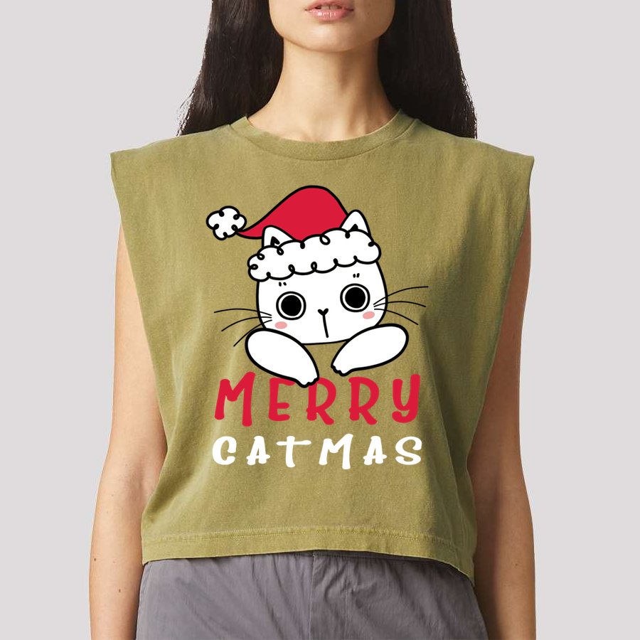 Merry Catrmas Cute Christmas Santa Kitty Xmas Garment-Dyed Women's Muscle Tee