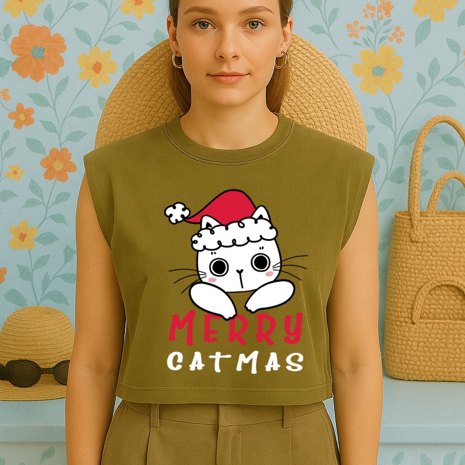 Merry Catrmas Cute Christmas Santa Kitty Xmas Garment-Dyed Women's Muscle Tee