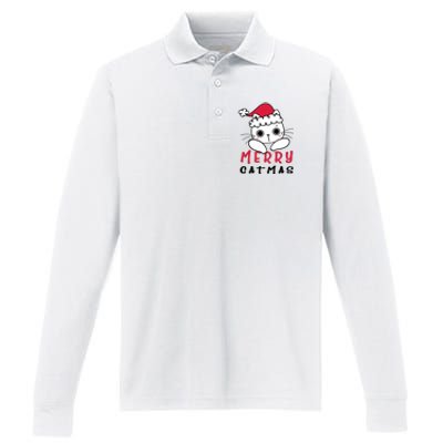 Merry Catrmas Cute Christmas Santa Kitty Xmas Performance Long Sleeve Polo