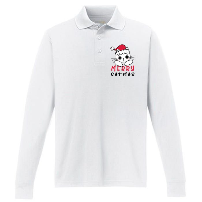 Merry Catrmas Cute Christmas Santa Kitty Xmas Performance Long Sleeve Polo