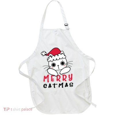 Merry Catrmas Cute Christmas Santa Kitty Xmas Full-Length Apron With Pockets