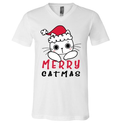 Merry Catrmas Cute Christmas Santa Kitty Xmas V-Neck T-Shirt