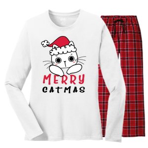 Merry Catrmas Cute Christmas Santa Kitty Xmas Women's Long Sleeve Flannel Pajama Set 