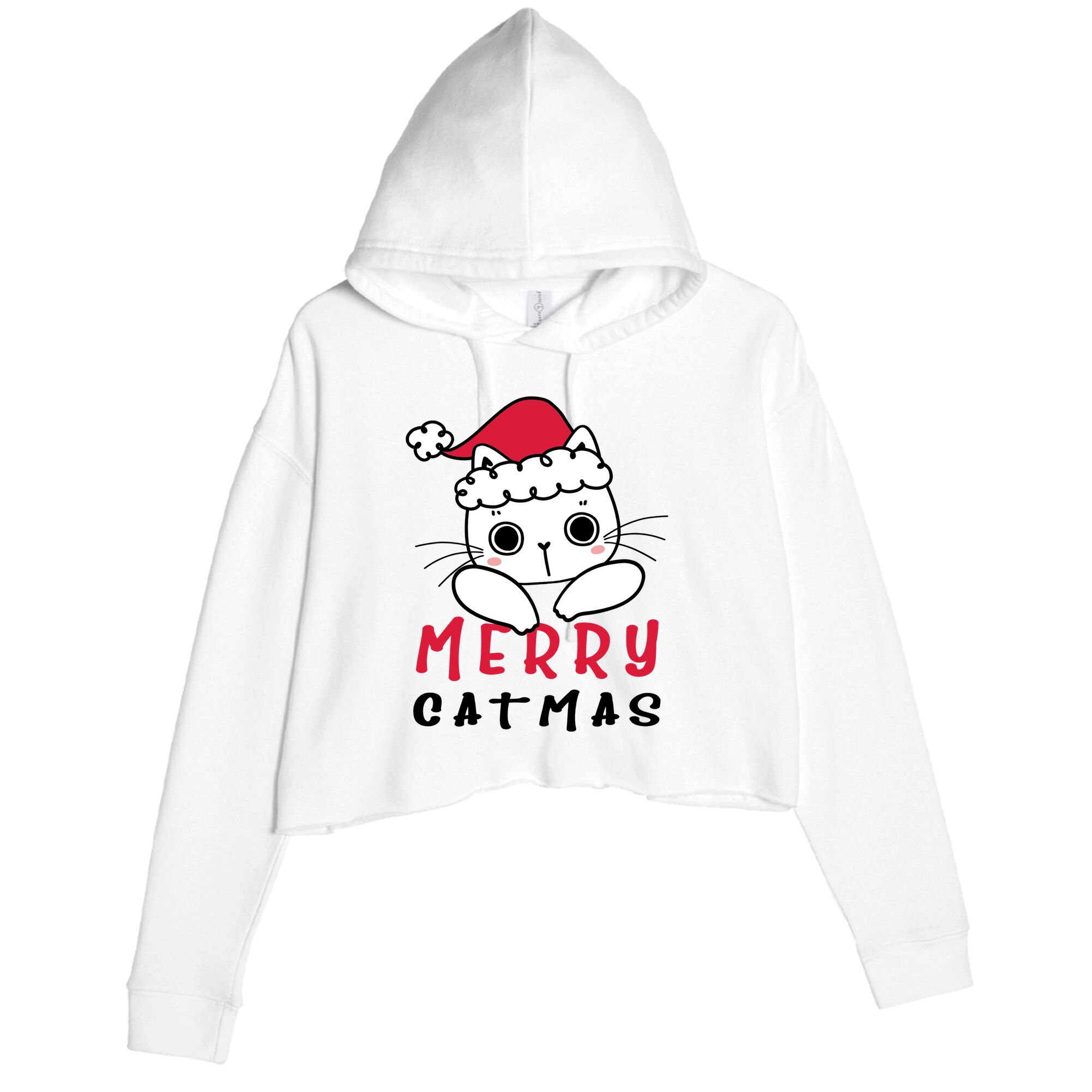 Merry Catrmas Cute Christmas Santa Kitty Xmas Crop Fleece Hoodie
