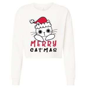 Merry Catrmas Cute Christmas Santa Kitty Xmas Cropped Pullover Crew