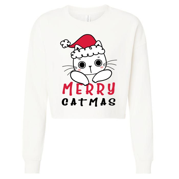 Merry Catrmas Cute Christmas Santa Kitty Xmas Cropped Pullover Crew