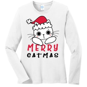 Merry Catrmas Cute Christmas Santa Kitty Xmas Ladies Long Sleeve Shirt