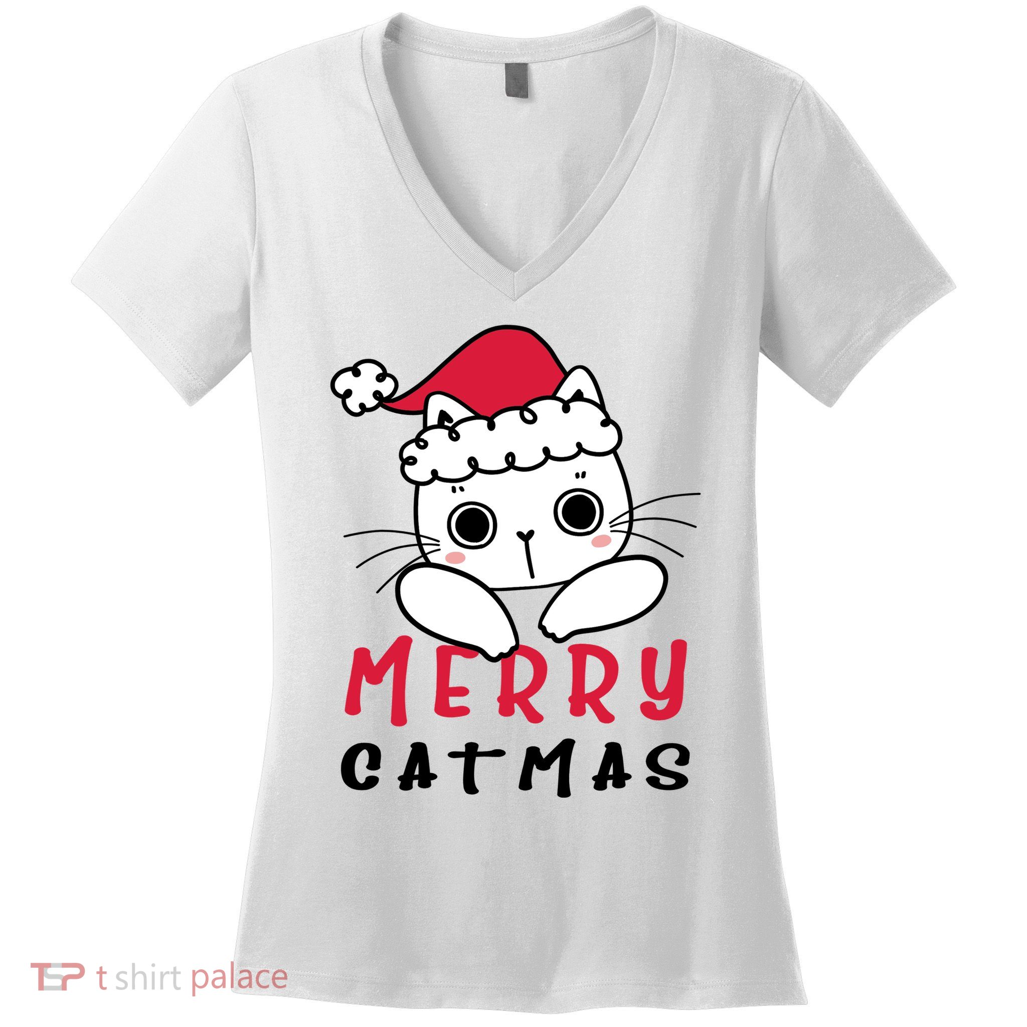 Merry Catrmas Cute Christmas Santa Kitty Xmas Women's V-Neck T-Shirt