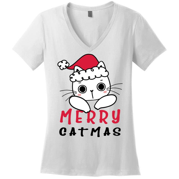 Merry Catrmas Cute Christmas Santa Kitty Xmas Women's V-Neck T-Shirt