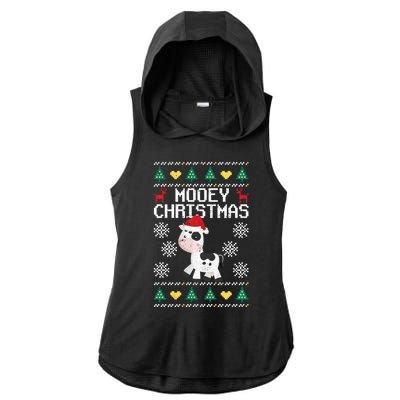 Mooey Christmas Cow Santa Claus Hat Xmas Farmer Animal Ladies PosiCharge Tri-Blend Wicking Draft Hoodie Tank