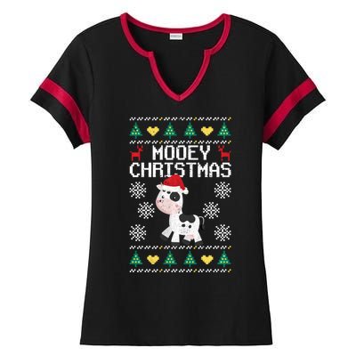 Mooey Christmas Cow Santa Claus Hat Xmas Farmer Animal Ladies Halftime Notch Neck Tee