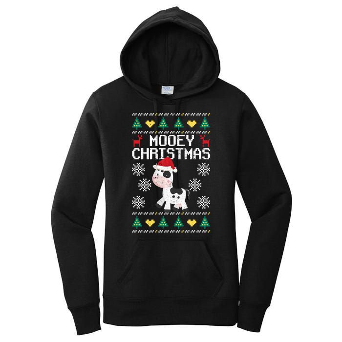 Mooey Christmas Cow Santa Claus Hat Xmas Farmer Animal Women's Pullover Hoodie