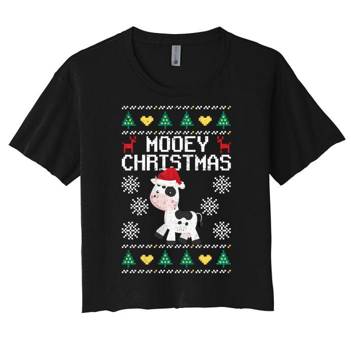 Mooey Christmas Cow Santa Claus Hat Xmas Farmer Animal Women's Crop Top Tee