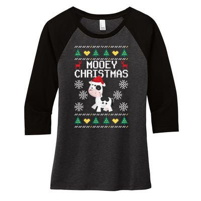 Mooey Christmas Cow Santa Claus Hat Xmas Farmer Animal Women's Tri-Blend 3/4-Sleeve Raglan Shirt