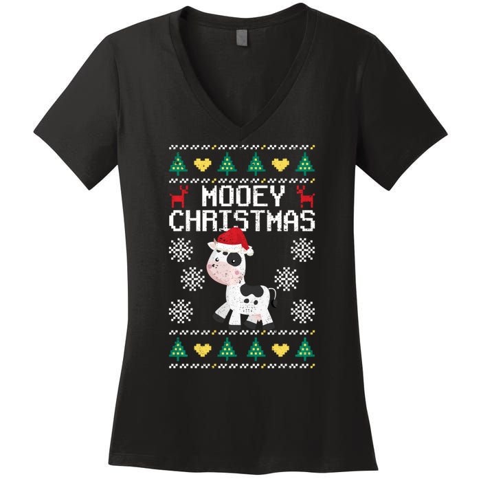 Mooey Christmas Cow Santa Claus Hat Xmas Farmer Animal Women's V-Neck T-Shirt