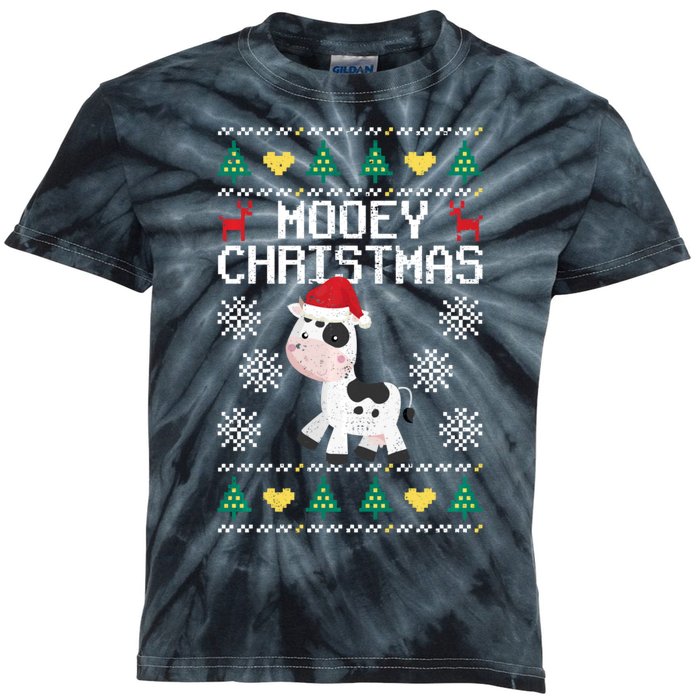 Mooey Christmas Cow Santa Claus Hat Xmas Farmer Animal Kids Tie-Dye T-Shirt