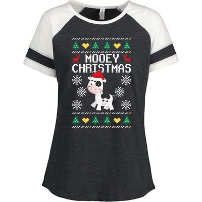 Mooey Christmas Cow Santa Claus Hat Xmas Farmer Animal Enza Ladies Jersey Colorblock Tee