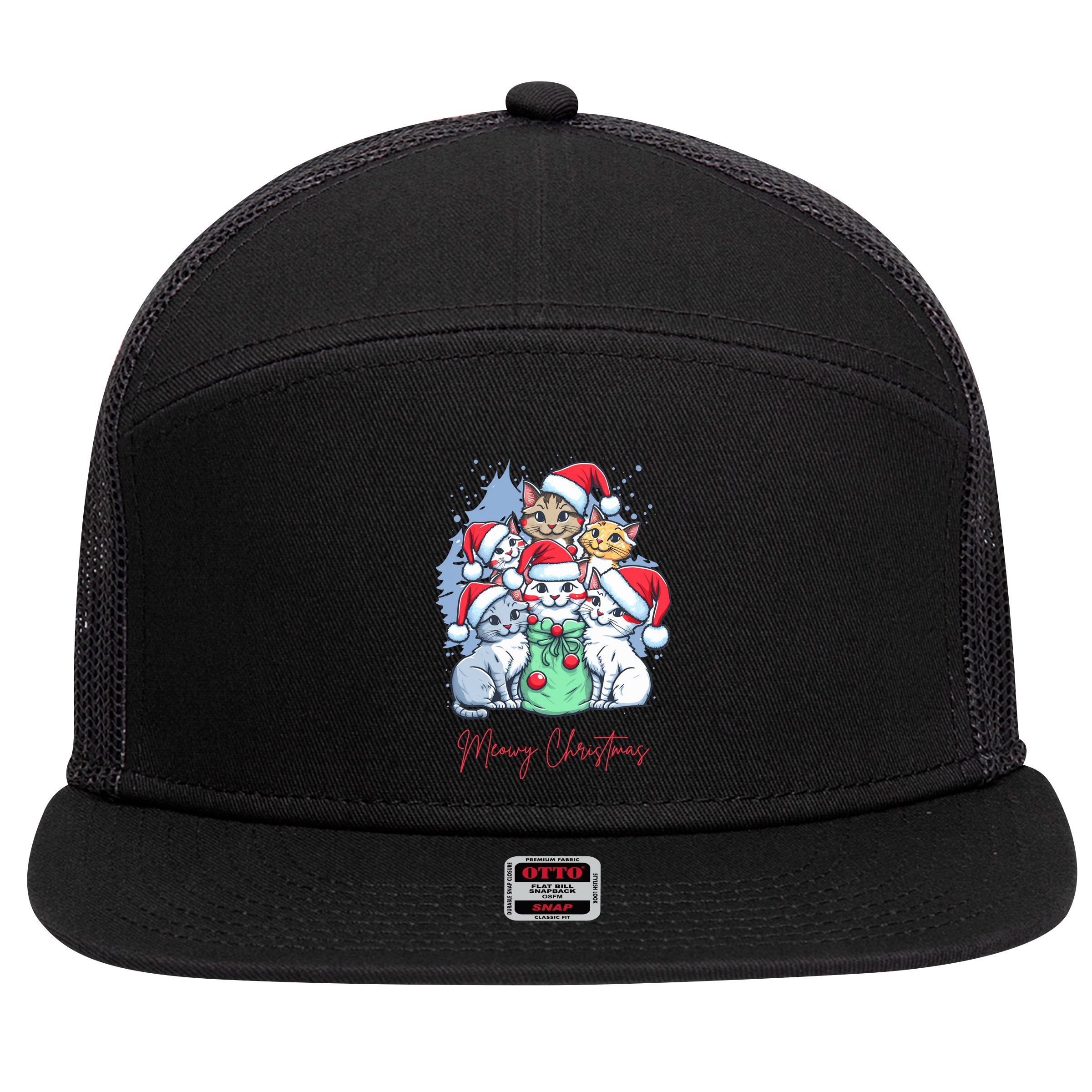 Meowy Christmas Cat Lover Holiday 7 Panel Mesh Trucker Snapback Hat