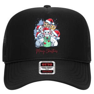 Meowy Christmas Cat Lover Holiday High Crown Mesh Back Trucker Hat