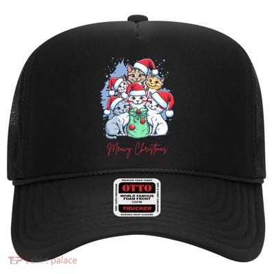 Meowy Christmas Cat Lover Holiday High Crown Mesh Back Trucker Hat