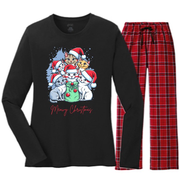 Meowy Christmas Cat Lover Holiday Women's Long Sleeve Flannel Pajama Set 