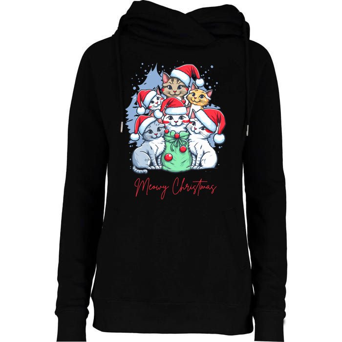 Meowy Christmas Cat Lover Holiday Womens Funnel Neck Pullover Hood