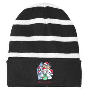 Meowy Christmas Cat Lover Holiday Striped Beanie with Solid Band