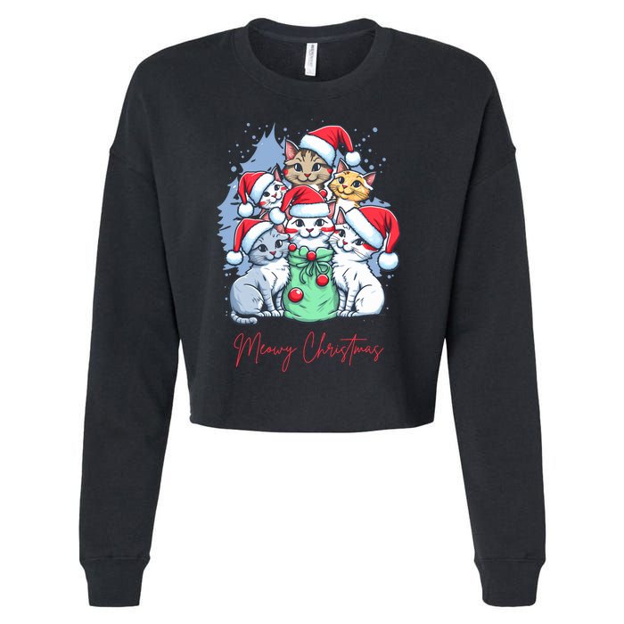 Meowy Christmas Cat Lover Holiday Cropped Pullover Crew