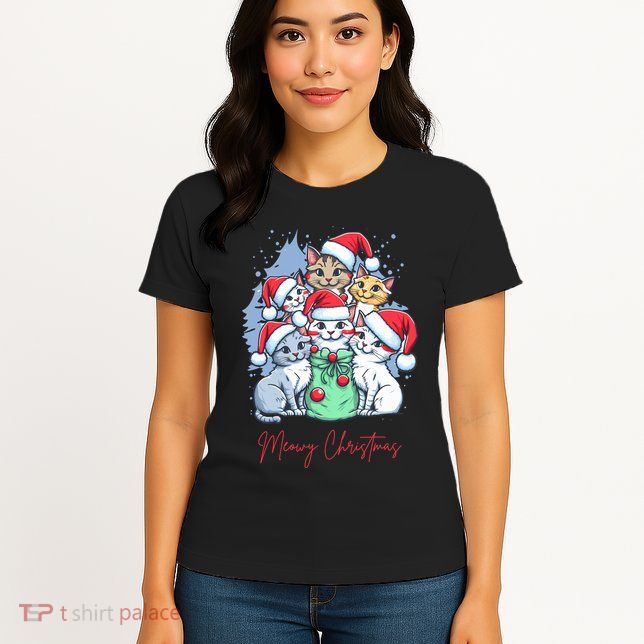 Meowy Christmas Cat Lover Holiday Womens T-Shirt