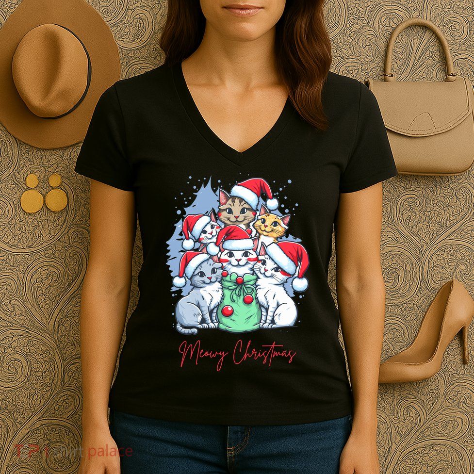 Meowy Christmas Cat Lover Holiday Women's V-Neck T-Shirt