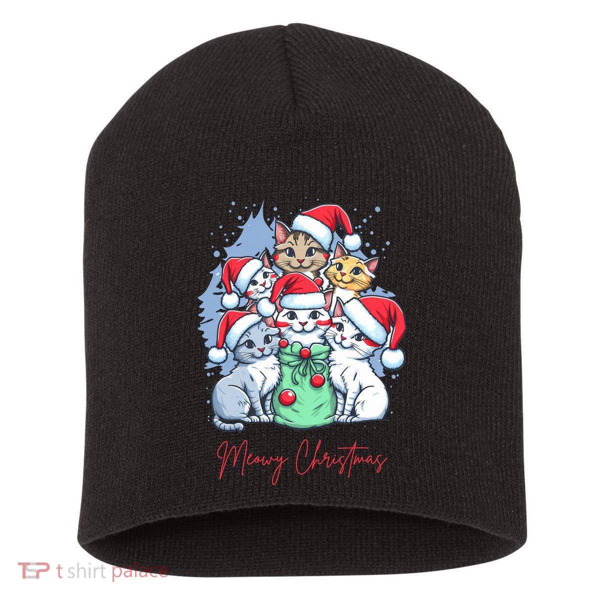 Meowy Christmas Cat Lover Holiday Short Acrylic Beanie