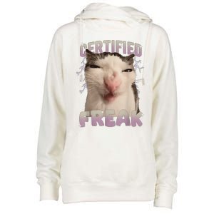 Meme Cat Certified Freak Eat Cement Cursed Cat Funny Womens Funnel Neck Pullover Hood