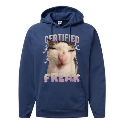 Meme Cat Certified Freak Eat Cement Cursed Cat Funny Performance Fleece Hoodie