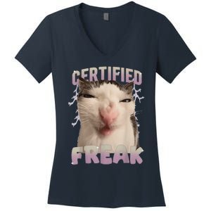 Meme Cat Certified Freak Eat Cement Cursed Cat Funny Women's V-Neck T-Shirt