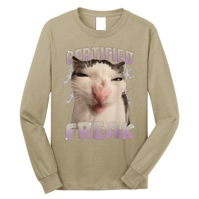 Meme Cat Certified Freak Eat Cement Cursed Cat Funny Long Sleeve Shirt