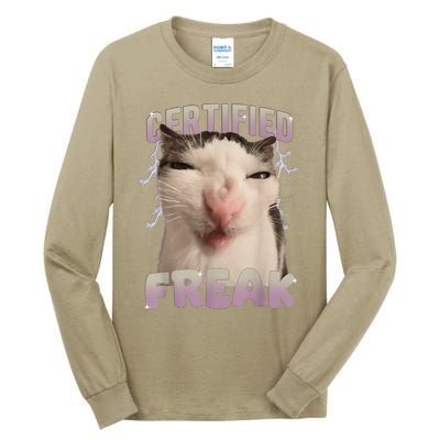 Meme Cat Certified Freak Eat Cement Cursed Cat Funny Tall Long Sleeve T-Shirt