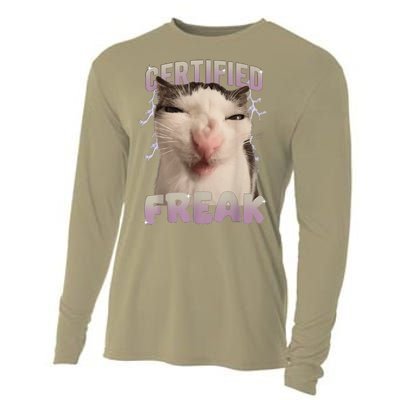 Meme Cat Certified Freak Eat Cement Cursed Cat Funny Cooling Performance Long Sleeve Crew