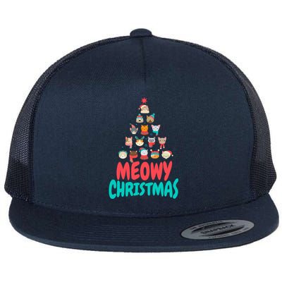 Meowy Christmas Cat Xmas Tree Flat Bill Trucker Hat