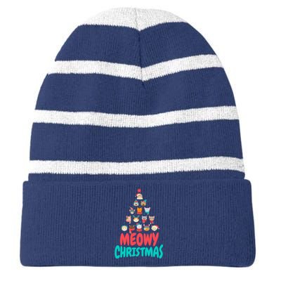 Meowy Christmas Cat Xmas Tree Striped Beanie with Solid Band