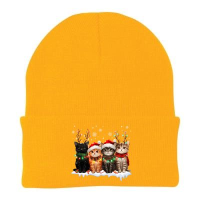 Merry Catmas Cat Christmas Lights Reindeer Red Santa Hat Knit Cap Winter Beanie