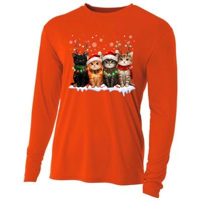 Merry Catmas Cat Christmas Lights Reindeer Red Santa Hat Cooling Performance Long Sleeve Crew