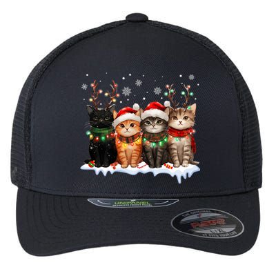 Merry Catmas Cat Christmas Lights Reindeer Red Santa Hat Flexfit Unipanel Trucker Cap