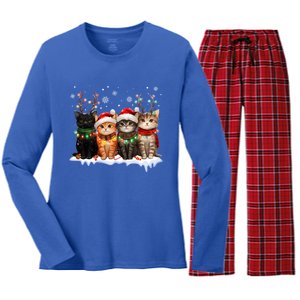 Merry Catmas Cat Christmas Lights Reindeer Red Santa Hat Women's Long Sleeve Flannel Pajama Set 