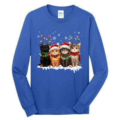 Merry Catmas Cat Christmas Lights Reindeer Red Santa Hat Tall Long Sleeve T-Shirt