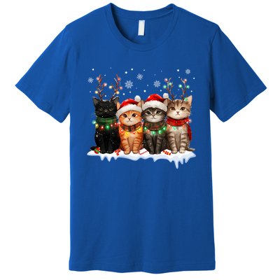 Merry Catmas Cat Christmas Lights Reindeer Red Santa Hat Premium T-Shirt