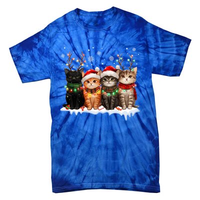 Merry Catmas Cat Christmas Lights Reindeer Red Santa Hat Tie-Dye T-Shirt